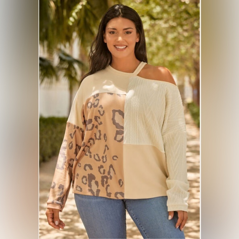 NWOT HAILEY & CO. COLOR BLOCK ASYMMETRIC CUTOUT SHOULDER LEOPARD PRINT SWEATER